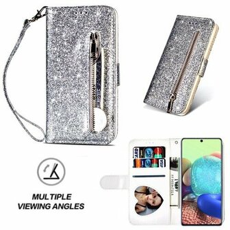 Samsung A71 Glitter Hoesje Met Pasjeshouder Bookcase Zilver