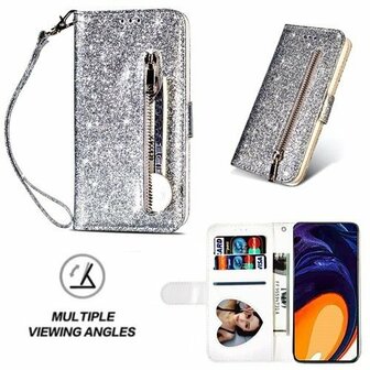 Samsung A81 Glitter Hoesje Met Pasjeshouder Bookcase Zilver