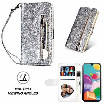 Samsung A41 Glitter Hoesje Met Pasjeshouder Bookcase Zilver