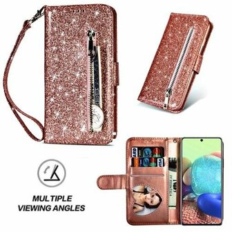 Samsung A71 Glitter Hoesje Met Pasjeshouder Bookcase Rose Goud