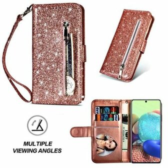 Samsung A71 Glitter Hoesje Met Pasjeshouder Bookcase Rose Goud