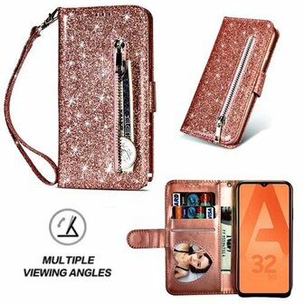 Samsung A32 5G Glitter Hoesje Met Pasjeshouder Bookcase Rose Goud