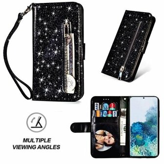 Samsung S20 Plus Glitter Hoesje Met Pasjeshouder Bookcase Zwart
