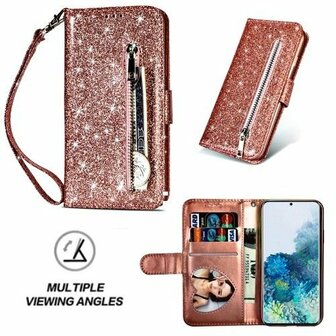 Samsung S20 Plus Glitter Hoesje Met Pasjeshouder Bookcase Rose Goud