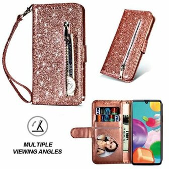 Samsung A41 Glitter Hoesje Met Pasjeshouder Bookcase Rose Goud
