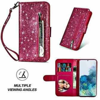 Samsung S20 Plus Glitter Hoesje Met Pasjeshouder Bookcase Roze