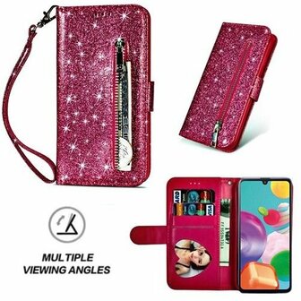 Samsung A41 Glitter Hoesje Met Pasjeshouder Bookcase Roze