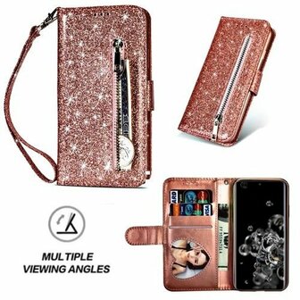 Samsung S20 Ultra Glitter Hoesje Met Pasjeshouder Bookcase Rose Goud