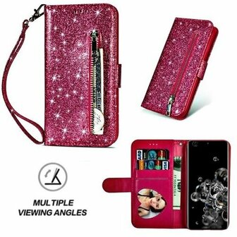 Samsung S20 Ultra Glitter Hoesje Met Pasjeshouder Bookcase Roze
