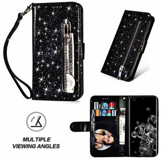 Samsung S20 Ultra Glitter Hoesje Met Pasjeshouder Bookcase Zwart
