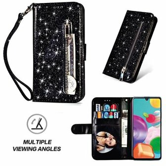 Samsung A41 Glitter Hoesje Met Pasjeshouder Bookcase Zwart