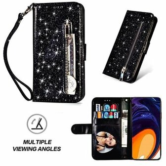 Samsung A81 Glitter Hoesje Met Pasjeshouder Bookcase Zwart