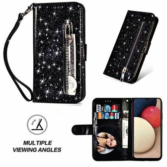 Samsung A02s Glitter Hoesje Met Pasjeshouder Bookcase Zwart