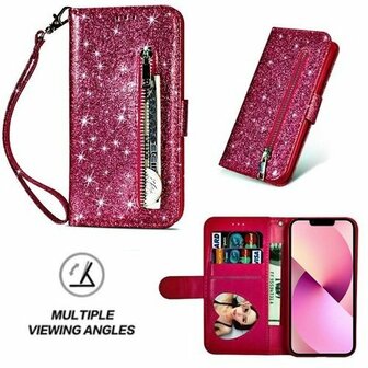 iPhone 13 Glitter Hoesje Met Pasjeshouder Bookcase Roze