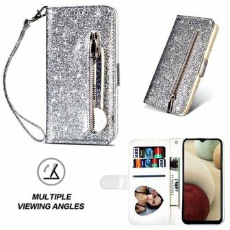 Samsung A12 Glitter Hoesje Met Pasjeshouder Bookcase Zilver