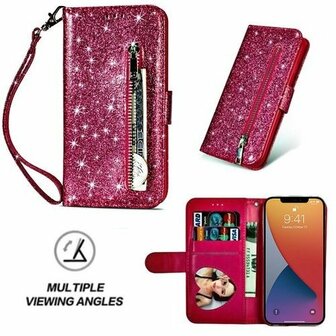 iPhone 12 Pro Max Glitter Hoesje Met Pasjeshouder Bookcase Roze