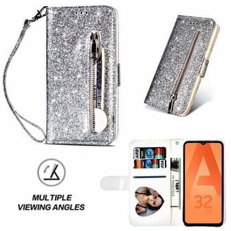 Samsung A32 5G Glitter Hoesje Met Pasjeshouder Bookcase Zilver
