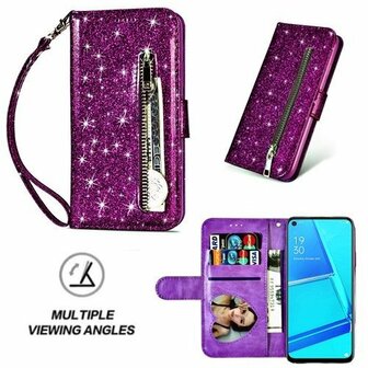 Oppo A52 Glitter Hoesje Met Pasjeshouder Bookcase Paars