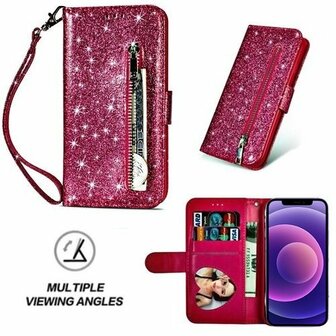 iPhone 12 Glitter Hoesje Met Pasjeshouder Bookcase Roze