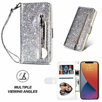 iPhone 12 Pro Max Glitter Hoesje Met Pasjeshouder Bookcase Zilver