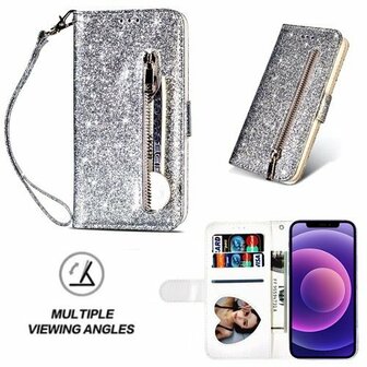 iPhone 12 Glitter Hoesje Met Pasjeshouder Bookcase Zilver