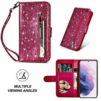 Samsung S21 Glitter Hoesje Met Pasjeshouder Bookcase Roze