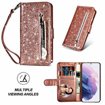 Samsung S21 Plus Glitter Hoesje Met Pasjeshouder Bookcase Rose Goud