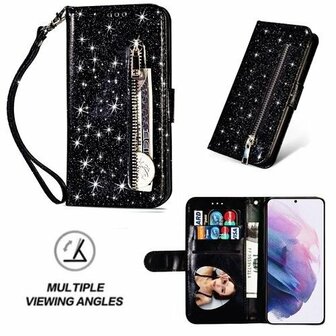 Samsung S21 Plus Glitter Hoesje Met Pasjeshouder Bookcase Zwart