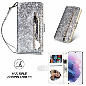 Samsung S21 Plus Glitter Hoesje Met Pasjeshouder Bookcase Zilver