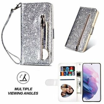 Samsung S21 Glitter Hoesje Met Pasjeshouder Bookcase Zilver