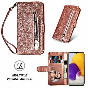 Samsung A72 Glitter Hoesje Met Pasjeshouder Bookcase Rose Goud