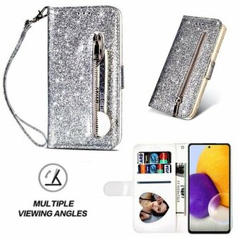 Samsung A72 Glitter Hoesje Met Pasjeshouder Bookcase Zilver