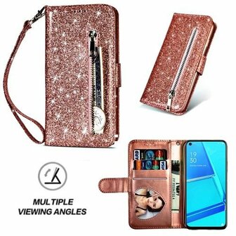 Oppo A52 Glitter Hoesje Met Pasjeshouder Bookcase Rose Goud