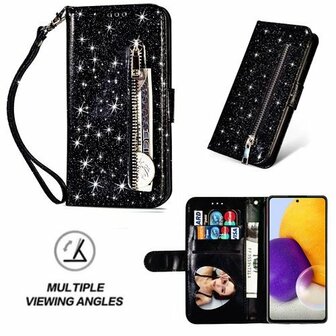 Samsung A72 Glitter Hoesje Met Pasjeshouder Bookcase Zwart