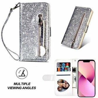 iPhone 13 Glitter Hoesje Met Pasjeshouder Bookcase Zilver