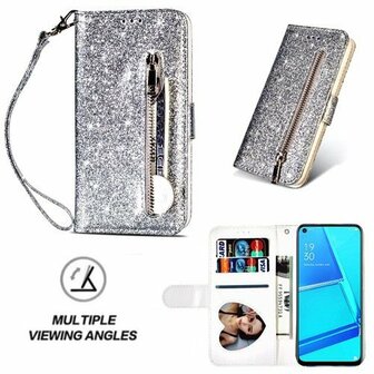 Oppo A52 Glitter Hoesje Met Pasjeshouder Bookcase Zilver