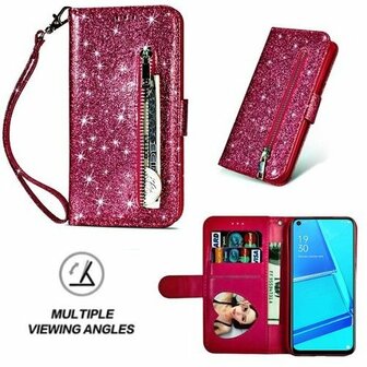 Oppo A52 Glitter Hoesje Met Pasjeshouder Bookcase Roze