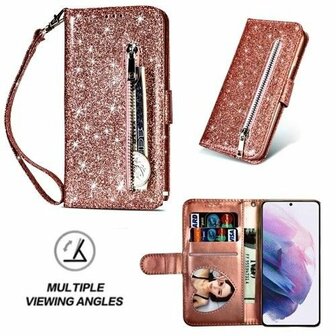 Samsung S21 Glitter Hoesje Met Pasjeshouder Bookcase Rose Goud