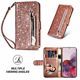 Samsung S20 Glitter Hoesje Met Pasjeshouder Bookcase Rose Goud