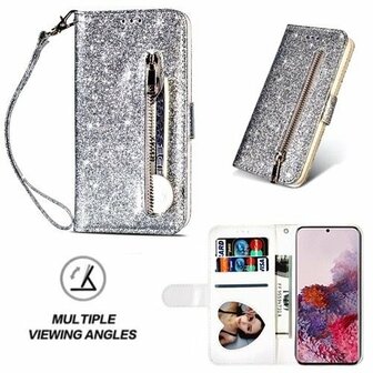 Samsung S20 Glitter Hoesje Met Pasjeshouder Bookcase Zilver