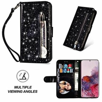 Samsung S20 Glitter Hoesje Met Pasjeshouder Bookcase Zwart