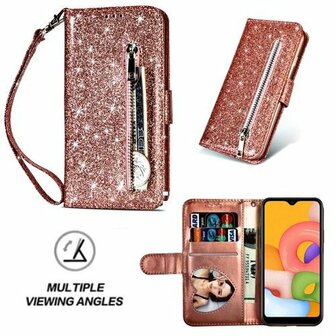 Samsung A01 Glitter Hoesje Met Pasjeshouder Bookcase Rose Goud