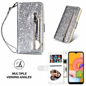 Samsung A01 Glitter Hoesje Met Pasjeshouder Bookcase Zilver
