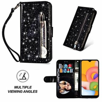 Samsung A01 Glitter Hoesje Met Pasjeshouder Bookcase Zwart