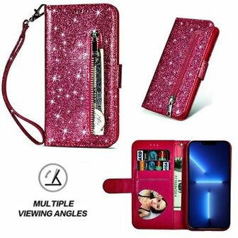 iPhone 13 Pro Glitter Hoesje Met Pasjeshouder Bookcase Roze