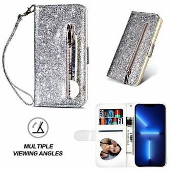 iPhone 13 Pro Glitter Hoesje Met Pasjeshouder Bookcase Zilver