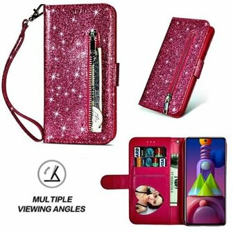 Samsung M51 Glitter Hoesje Met Pasjeshouder Bookcase Roze