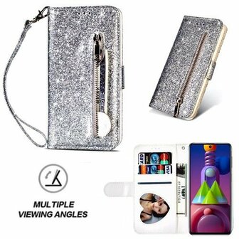 Samsung M51 Glitter Hoesje Met Pasjeshouder Bookcase Zilver