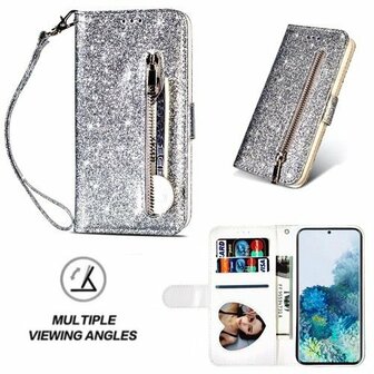 Samsung S20 Plus Glitter Hoesje Met Pasjeshouder Bookcase Zilver