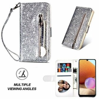 Samsung A32 4G Glitter Hoesje Met Pasjeshouder Bookcase Zilver